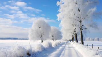 ai généré hiver rural paysage avec route et des arbres couvert avec givre. photo