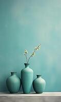 ai généré vase avec séché fleurs sur blanc table contre turquoise mur photo