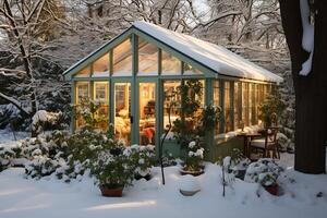 ai généré en bois maison couvert avec neige dans hiver forêt à le coucher du soleil temps. photo