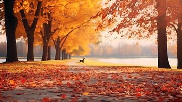 ai généré l'automne parc ruelle avec déchue feuilles et banc dans brumeux Matin photo