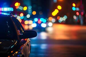 ai généré police voiture lumières à nuit dans ville rue avec sélectif concentrer et bokeh photo