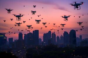 ai généré essaim de drones plus de ville à été le coucher du soleil ou lever du soleil photo