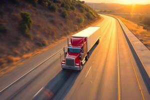 ai généré américain long nez semi-remorque sur une Autoroute photo