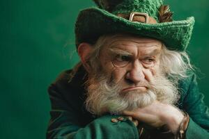 ai généré portrait de une sérieux personnes âgées homme dans une lutin chapeau avec une barbe, célébrer st. patrick's journée photo