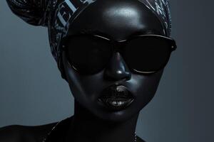 ai généré fermer de une portrait de une glamour africain femelle modèle dans noir des lunettes photo