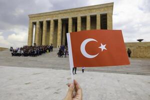 agitant turc drapeau et anitkabir sur le Contexte dans ankara. photo