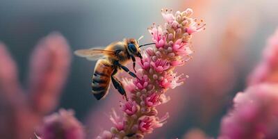 ai généré mon chéri abeille couvert avec Jaune pollen collecte nectar de Prairie fleurs. fermer bannière, printemps et été Contexte. apiculture, faune et écologie concept. photo