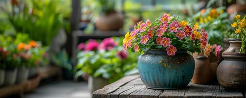 ai généré coloré jardin fleurs des pots sur en bois tableau. jardinage Contexte maquette concept avec copie espace. photo