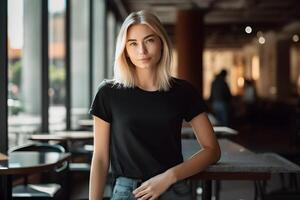 ai généré Jeune blond femme portant Bella Toile noir t chemise et jeans, à une confortable restaurant sur étés journée. conception T-shirt modèle, impression présentation maquette. ai généré. photo