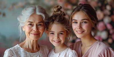 ai généré portrait de grand-mère, mère et enfant fille, content famille de Trois générations, tendresse à maison, souriant. les mères ou international aux femmes journée concept. photo