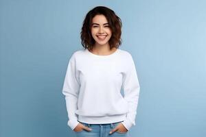 ai généré Jeune femme portant blanc sweat-shirt maquette, à bleu Contexte. conception arrêtez-vous modèle, impression présentation maquette. photo