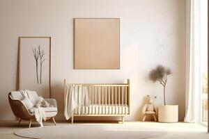 ai généré rectangulaire Cadre affiche maquette, sur lumière béton mur dans vivant intérieur de une bébé chambre, avec moderne boho meubles et avec bébé lit bébé, scandinave style intérieur décoration. photo