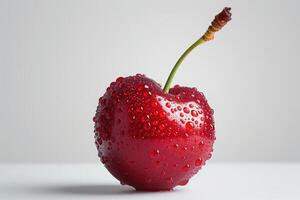 ai généré Frais rouge Cerise avec l'eau gouttelettes sur une nettoyer blanc Contexte une Célibataire vibrant rouge Cerise couvert dans l'eau gouttelettes des stands en dehors contre une parfait blanc Contexte photo