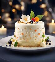 ai généré une magnifique vanille crème gâteau ouvré dans moléculaire cuisine style photo