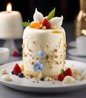 ai généré une magnifique vanille crème gâteau ouvré dans moléculaire cuisine style photo