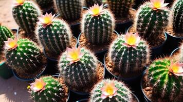 ai généré épanouissement cactus dans marmites. beaucoup épanoui cactus avec fleurs et pointes photo