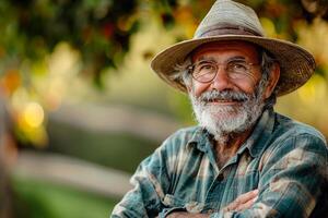 ai généré portrait de un vieux agriculteur dans une paille chapeau avec une barbe. photo