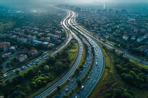 ai généré aérien vue de une ville avec autoroutes jonction photo