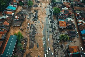 ai généré aérien vue de inonder catastrophe sur une tropical ville photo