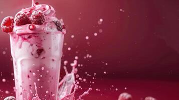 ai généré congelé râpe couronne une vibrant framboise Milk-shake, ses rose contre une de mauvaise humeur rouge toile de fond est visuellement étourdissant photo