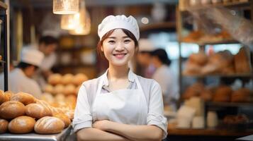 ai généré souriant asiatique femelle boulangers à la recherche à le caméra, chefs boulanger dans une chef robe et chapeau, photo