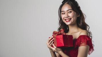ai généré une souriant Jeune femmes portant rouge robe en portant rouge cadeau boîte isolé sur blanc arrière-plan, photo