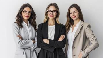 ai généré Trois magnifique femme d'affaires debout, souriant fièrement, à la recherche dans caméra, isolé sur blanc arrière-plan, photo