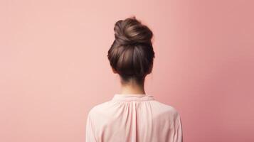 ai généré une vue de le retour de une femme diriger. cheveux enveloppé dans une chignon sur une lumière rose pastel arrière-plan, photo