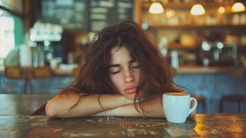 ai généré fatigué Jeune magnifique fille avec une tasse de café séance à le table photo