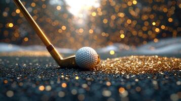 ai généré frappe le Balle avec une le golf club. le golf à le coucher du soleil photo