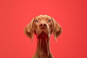 ai généré fermer de une hongrois aux oreilles plissées chien sur une rouge Contexte photo