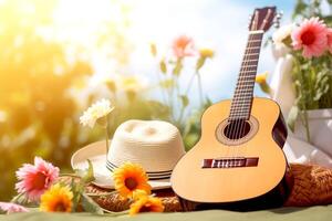 ai généré le guitare sur le botanique jardin avec chapeau et fleurs dans printemps saison, le concept une chanson à propos printemps, la musique dans couleurs, une fleur jardin, rêver tonique le coucher du soleil Contexte photo