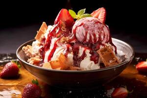 ai généré Frais fraise bingsu la glace crème avec sucré garnitures coréen rasé la glace dessert avec noir Contexte pour publicité menu photo