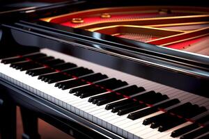 ai généré fermer le grandiose piano clés sur noir piano classique la musique instrument dans le la musique pièce photo