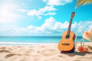 ai généré le guitare sur le plage dans été saison, le concept une chanson à propos été, la musique dans couleurs, plage, sable, mer noix de coco arbre, bleu ciel Contexte photo
