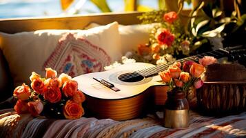 ai généré le guitare mensonges sur le canapé avec des roses et fleurs. le concept une chanson pour méditation, relaxation, la musique thérapie photo