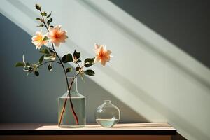 ai généré verre vase avec fleurs sur le tableau, minimalisme. ombres sur le mur. généré par artificiel intelligence photo