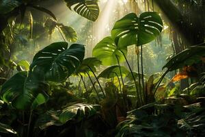 ai généré grand monstera feuilles dans le tropical forêt. généré par artificiel intelligence photo