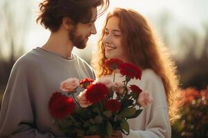 ai généré content Jeune couple famille dans beige vêtements se détendre ensemble ensoleillé journée dehors. homme donnant bouquet fleurs à femme avec longue rouge cheveux. aimer, rencontre, relation concept. sélectif concentrer photo