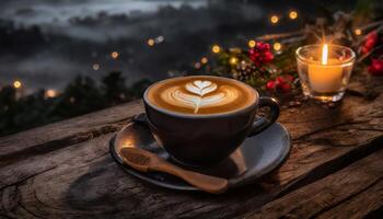 ai généré café tasse avec latté art sur une foncé rustique en bois table avec bougie et lumières photo