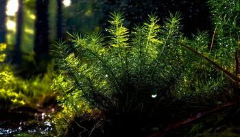 ai généré magnifique proche en haut de une feuillu plante dans une forêt avec faible éclairage et bokeh effet photo