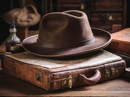 ai généré fermer de ancien Voyage trousse, valise, chapeau et monde carte, rétro concept aventure Contexte photo