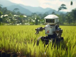 ai généré une robot est plantation riz dans le riz des champs. agriculture vert La technologie ai génératif photo