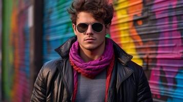 ai généré homme portant des lunettes de soleil et écharpe permanent dans de face de coloré mur photo