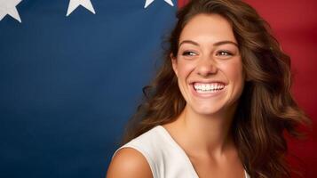 ai généré femme souriant dans de face de drapeau photo