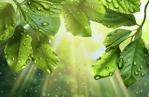 ai généré lumière du soleil filtres par vert feuilles à pois avec l'eau gouttelettes, moulage des rayons de lumière dans une tranquille forêt scène photo