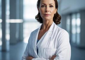 ai généré une sur de soi femelle médecin des stands dans une hôpital, portant une blanc manteau, symbolisant professionnalisme et compétence dans soins de santé photo