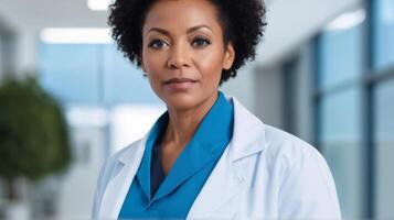 ai généré milieu vieilli africain américain femme médecin dans hôpital, blanc couleurs photo