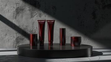 ai généré rouge cosmétique tubes et pots sur une circulaire piédestal avec foncé ombres, spectaculaire éclairage, et feuille silhouette. maquette, modèle photo