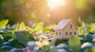 ai généré une modèle maison avec une vert feuille sur le toit est mis suivant à solaire panneaux avec une brillant, ensoleillé arrière-plan, symbolisant respectueux de la nature énergie solutions pour intelligent maisons photo